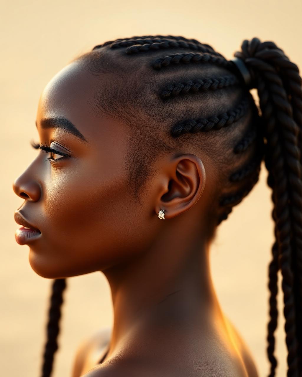 Stitch braids in a high ponytail